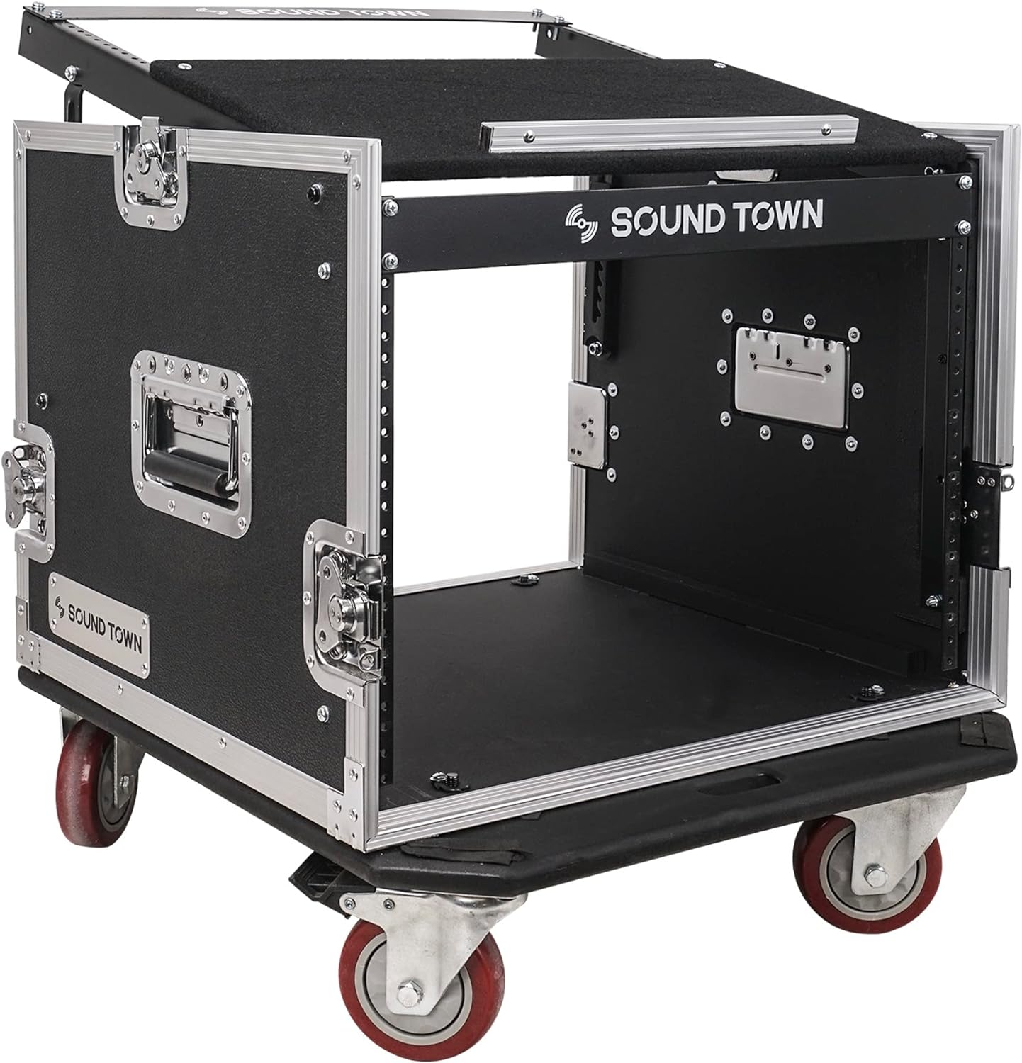 Sound Town Enhanced 1/2" (12mm) Plywood 10U PA DJ Pro Audio Rack/Road ATA Case with 11U Slant Mixer Top, 20’’ Rackable Depth and Casters, 10 Space Size, Pro Tour Grade (STMR-10UW)