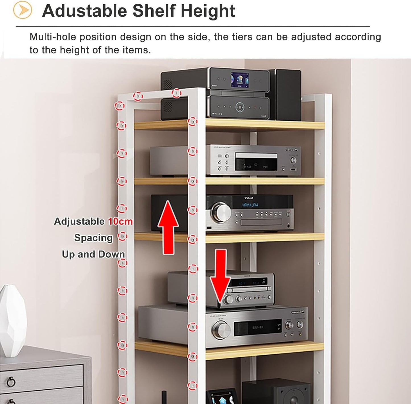 6 Tier Audio Rack Tower, Corner TV Console and AV Media Components Cabinet, Heavy Duty Stereo Racks and Stands with Adjustable Wooden Shelf for Home/Office/Theater(A)