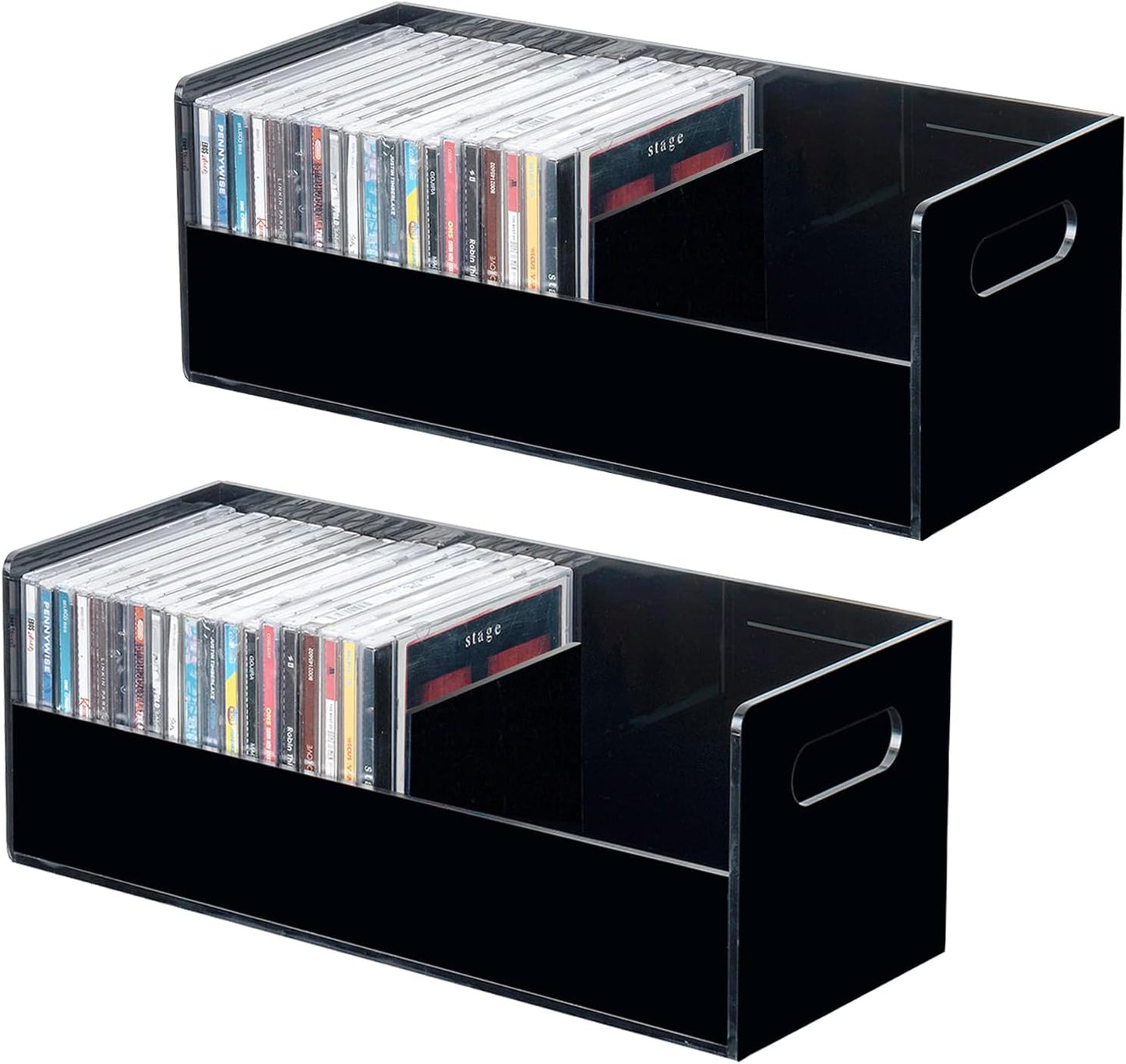 MyGift Modern Premium Clear Acrylic Stackable CD Holder Racks with Cutout Carrying Handles, Compact Disc Jewel Case Display Crates, Media Storage Organizers, Set of 2