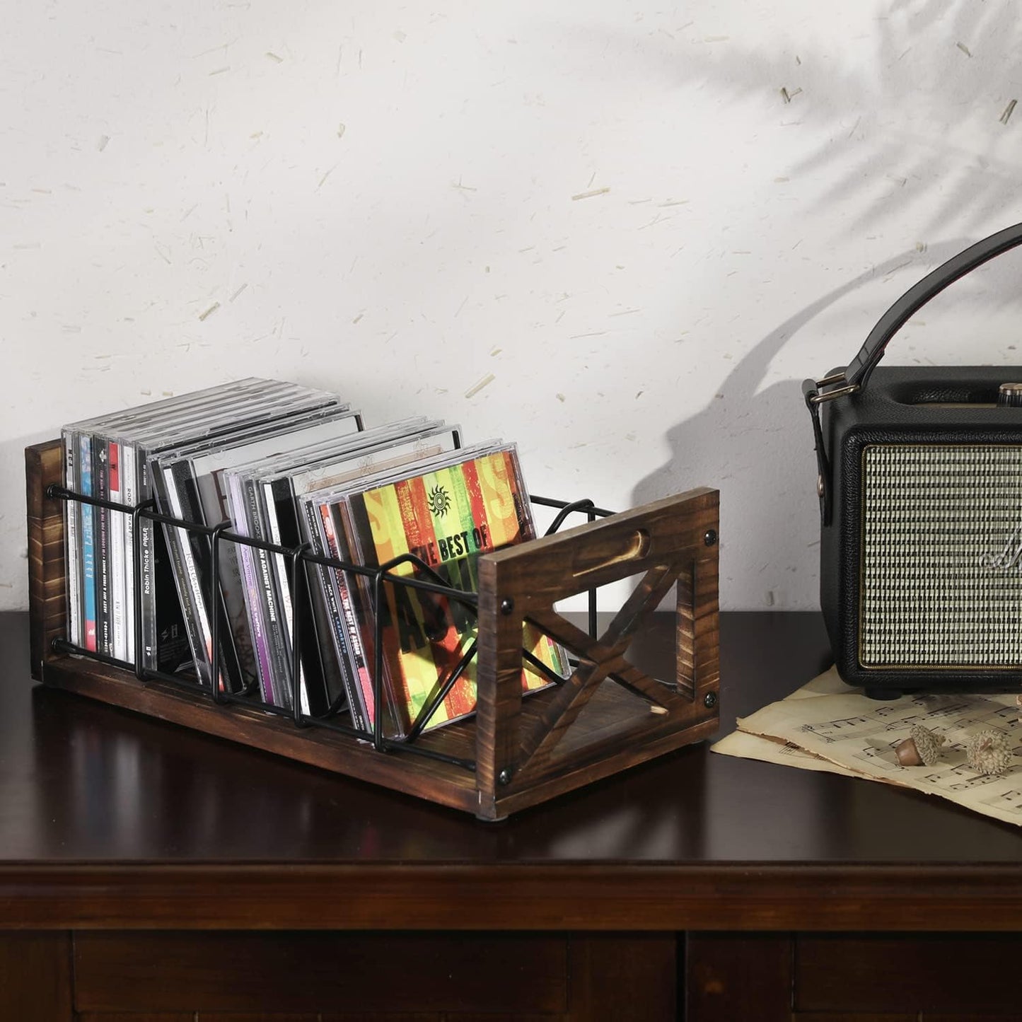 FARM IN CD Storage Holder, 5-Slot Farmhouse Industrial CD & DVD Storage Rack with Handles, Barn Door “X-Cross” Design, Rustic Solid Burnt Wood and Black Metal Wire