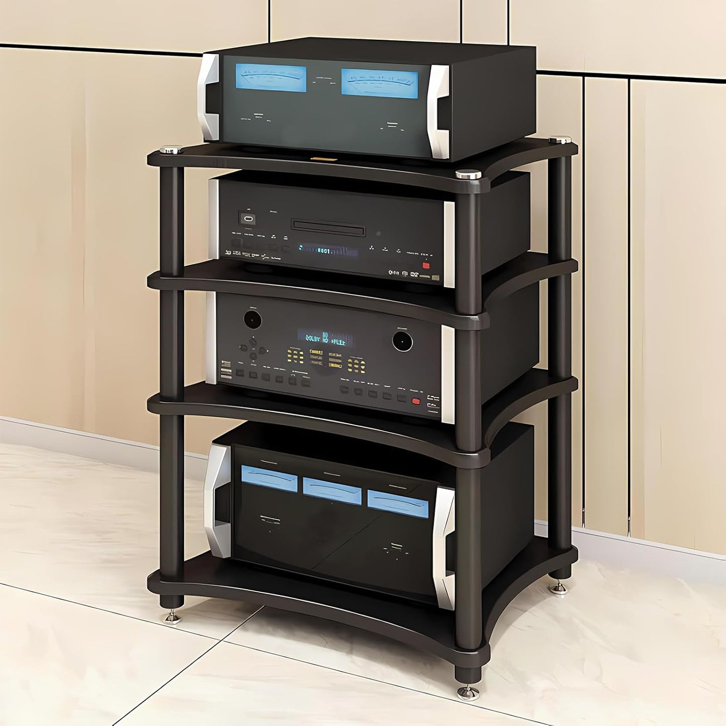 Heavy Duty Audio Component Rack, Large Storage Space AV Media Stand with Shock-Absorbing Foot pegs, Audio Rack Tower CD Player Stand for Home/Office/Audio Video/Theate (Black, 3rd Floor)