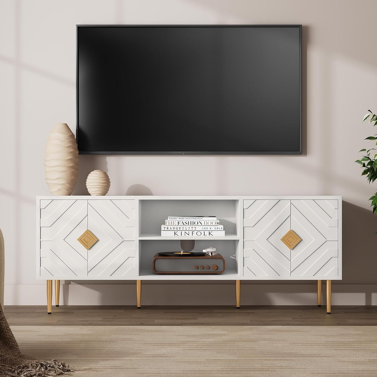 HLR 63'' Modern TV Stand for 65/70/75 inch TV, Entertainment Center with Storage Cabinet, Mid Century Green TV Stand,Embossed Pattern TV Console, TV Media Console for Living Room, Bedroom