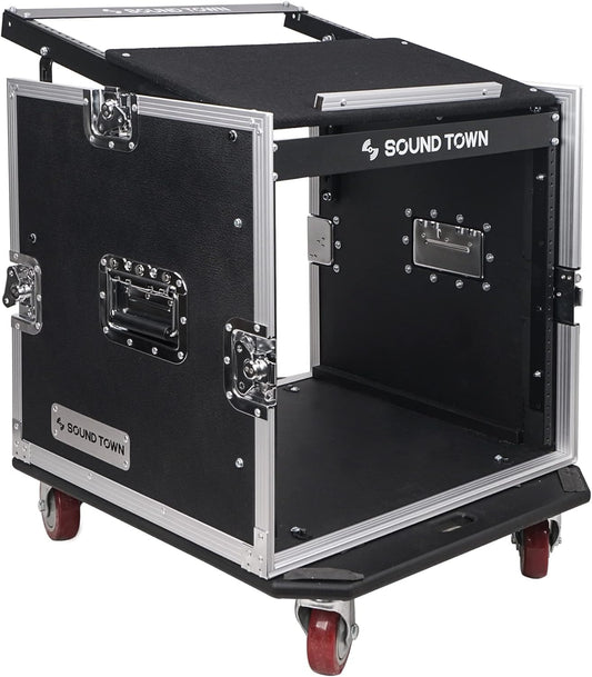 Sound Town Enhanced 1/2" (12mm) Plywood 10U PA DJ Pro Audio Rack/Road ATA Case with 11U Slant Mixer Top, 20’’ Rackable Depth and Casters, 10 Space Size, Pro Tour Grade (STMR-10UW)