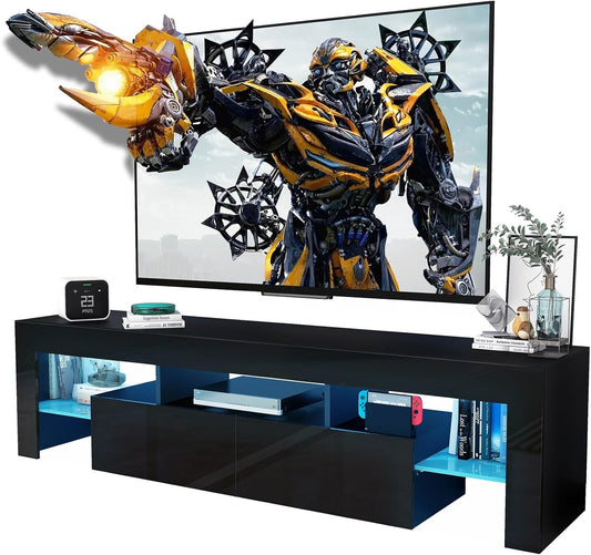 Black TV Stand, 60 65 70 75 inch Wood TV Stand, High Glossy Entertainment Center with Large Drawers＆Glass Display Shelf, LED Modern Media Gaming Cabinet TV Console for Livingroom, Bedroom