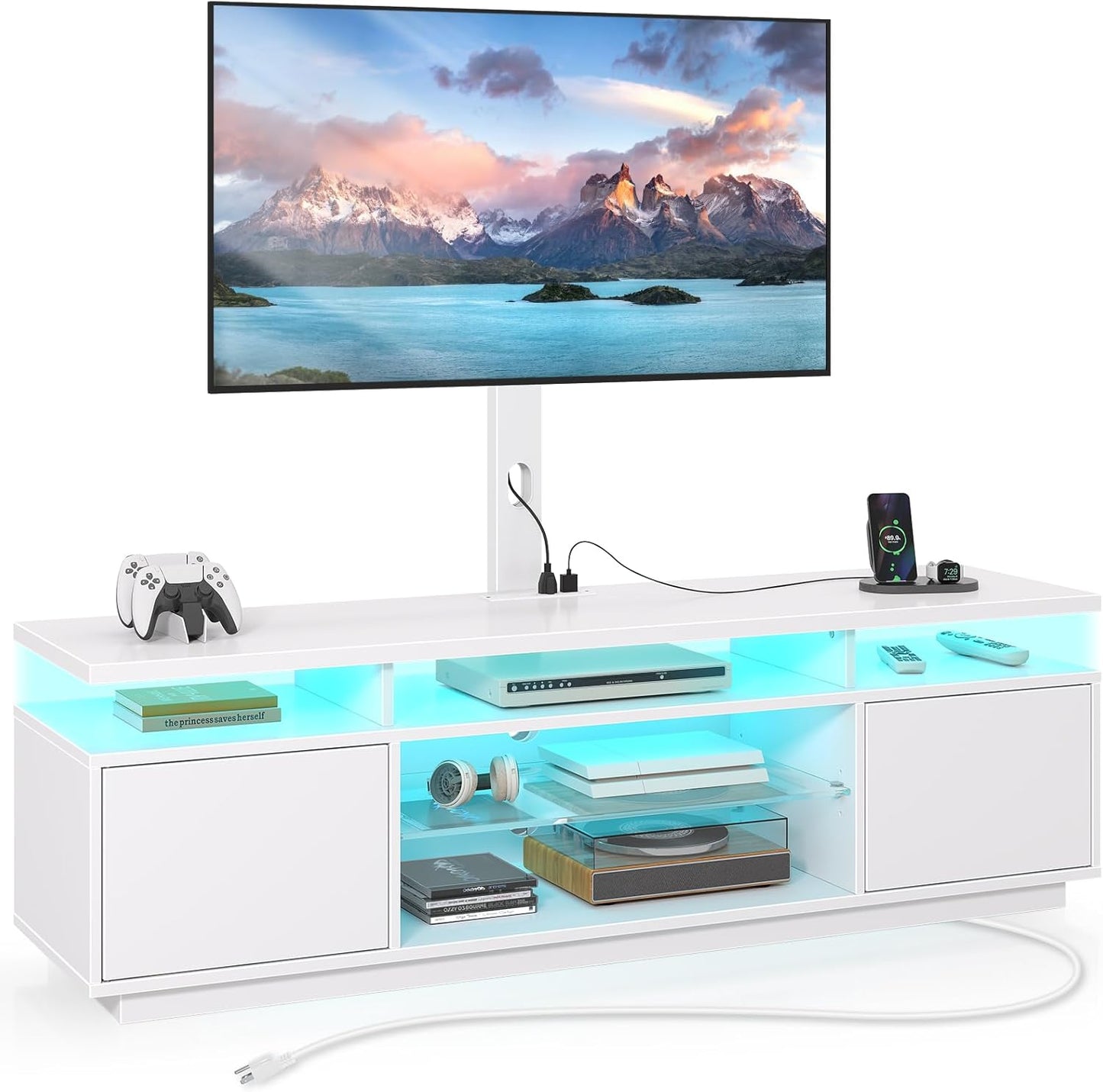 Rolanstar TV Stand with Mount and Power Outlet 51.2", Swivel TV Stand Mount for 32/45/55/60/65/70 inch TVs, Height Adjustable Modern Entertainment Center with Storage & LED Lights, TV Table Black
