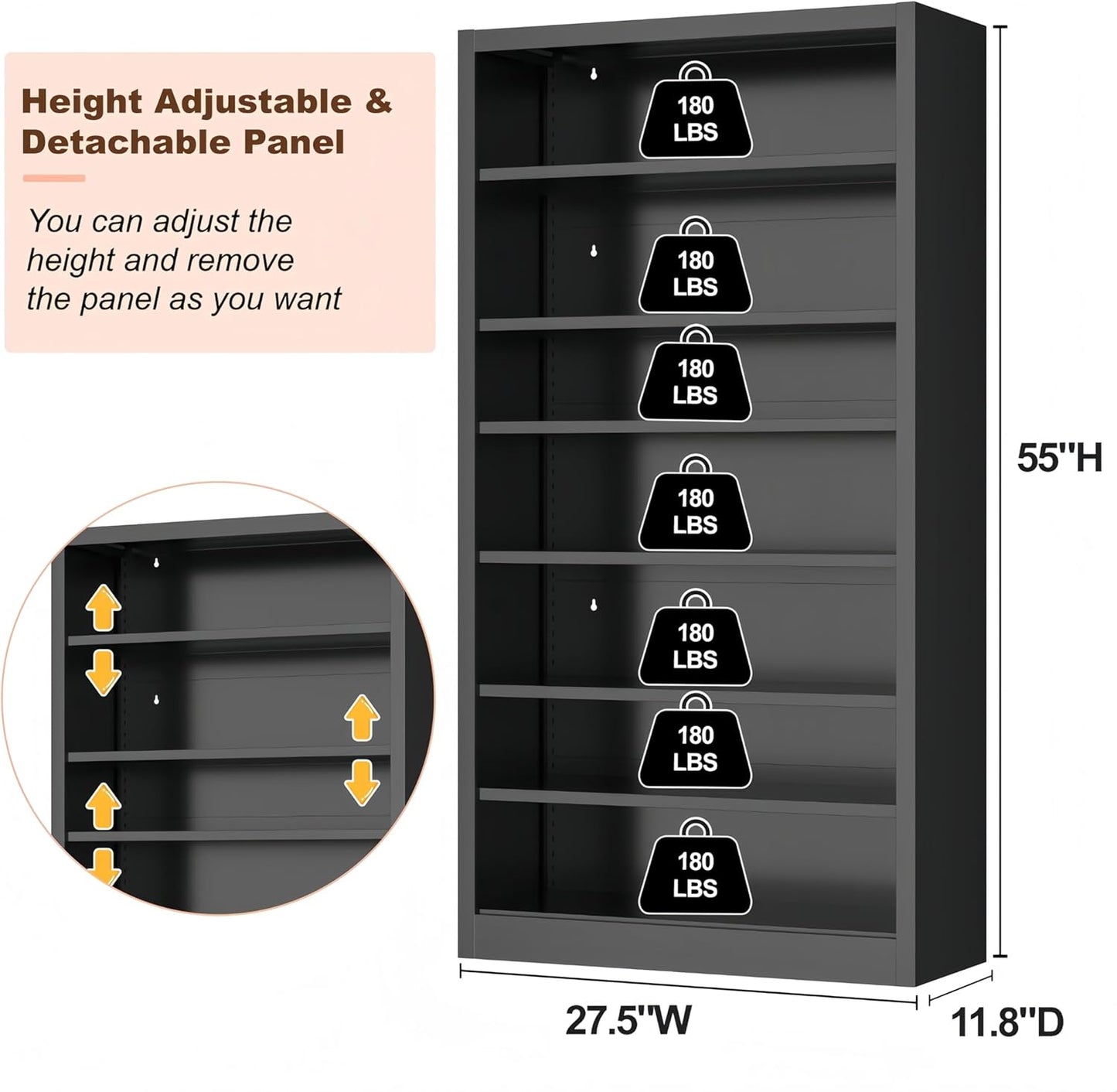 55" Media Storage Cabinet, Metal CD Storage Rack with 6 Adjustable Shelves, Large DVD Storage Shelf Rack for Living Room, Home Entertainment (Black)