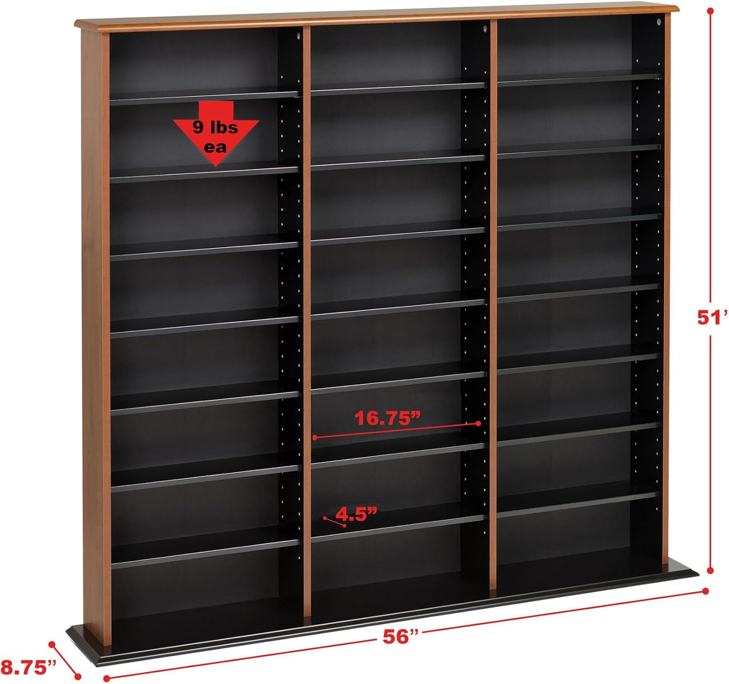 Prepac 3 Column Tall Cabinet Media Storage, Triple Width Wall, Cherry/Black
