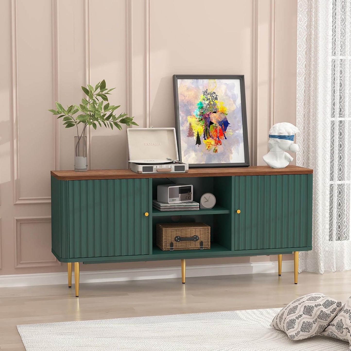 ARTPOWER 55” Fluted TV Stand, Mid Century Modern White TV Stand for 55/60/65 inch TV, Entertainment Center with Storage, Television Stands, TV Console, Media Console for Living Room, Bedroom