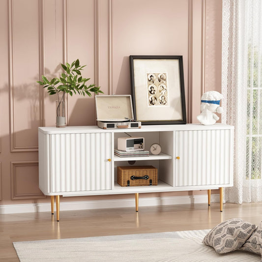 ARTPOWER 55” Fluted TV Stand, Mid Century Modern White TV Stand for 55/60/65 inch TV, Entertainment Center with Storage, Television Stands, TV Console, Media Console for Living Room, Bedroom