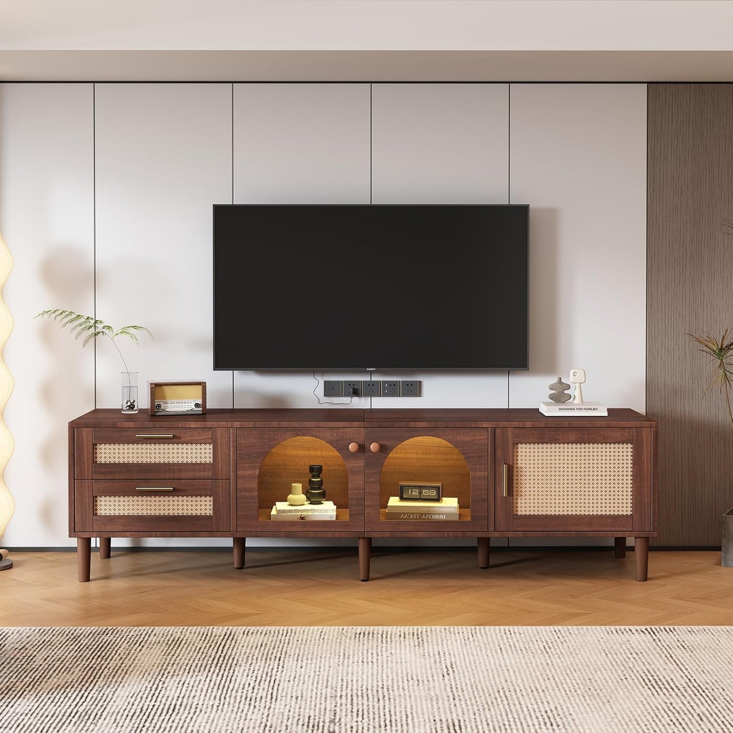 Black TV Stand, 60 65 70 75 inch Wood TV Stand, High Glossy Entertainment Center with Large Drawers＆Glass Display Shelf, LED Modern Media Gaming Cabinet TV Console for Livingroom, Bedroom