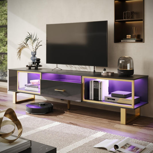 Bestier TV Stand for 75 Inch TV, LED Gaming Entertainment Center with Open Storage & Half-Glass Design Drawer, Modern High Glossy TV Cabinet for Living Room Bedroom, Black and Gold