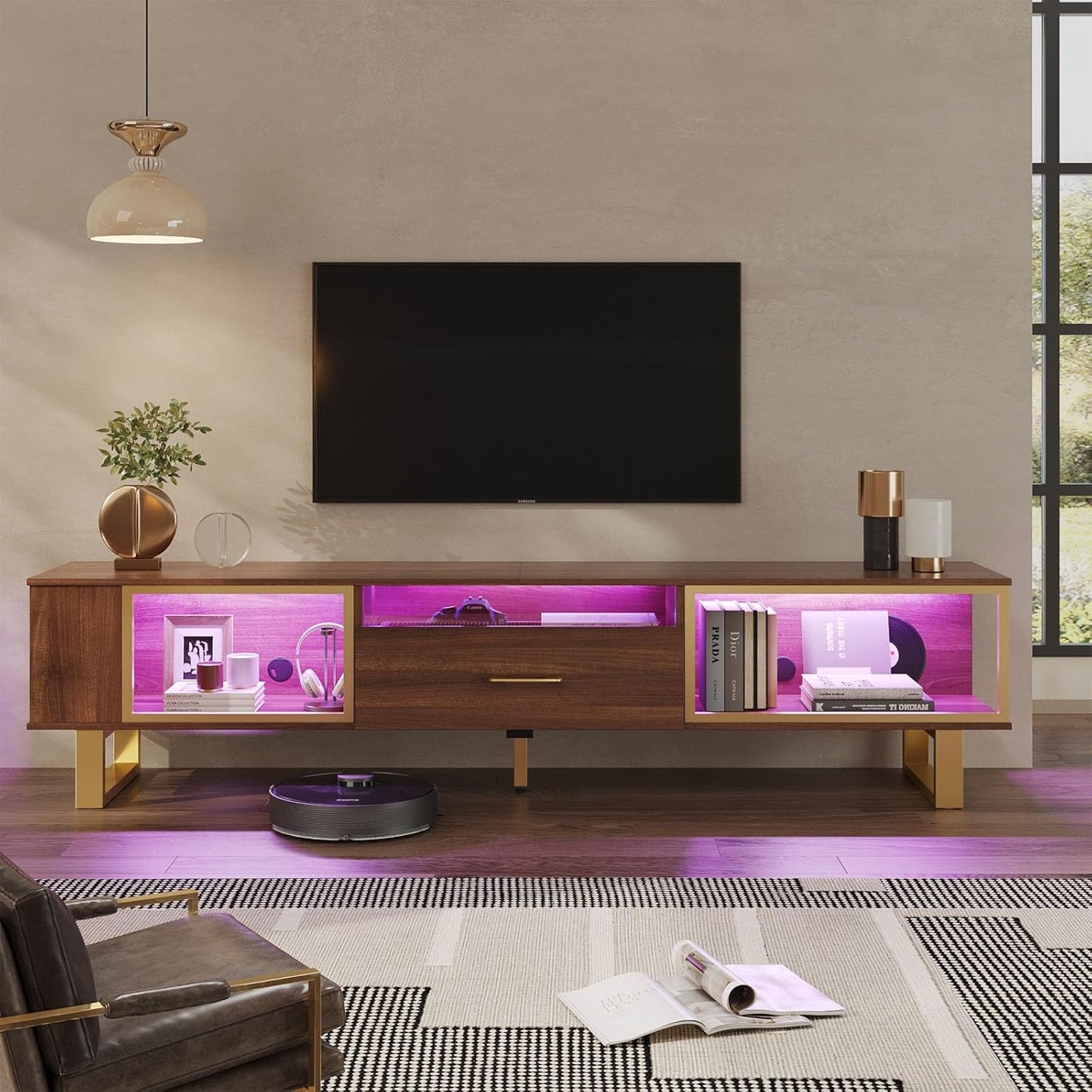 Bestier TV Stand with LED Light for TVs up to 80 Inch, Gaming Entertainment Center with Open Storage and Half-Glass Design Drawer, Modern Media Console for Living Room Bedroom, Walnut and Gold