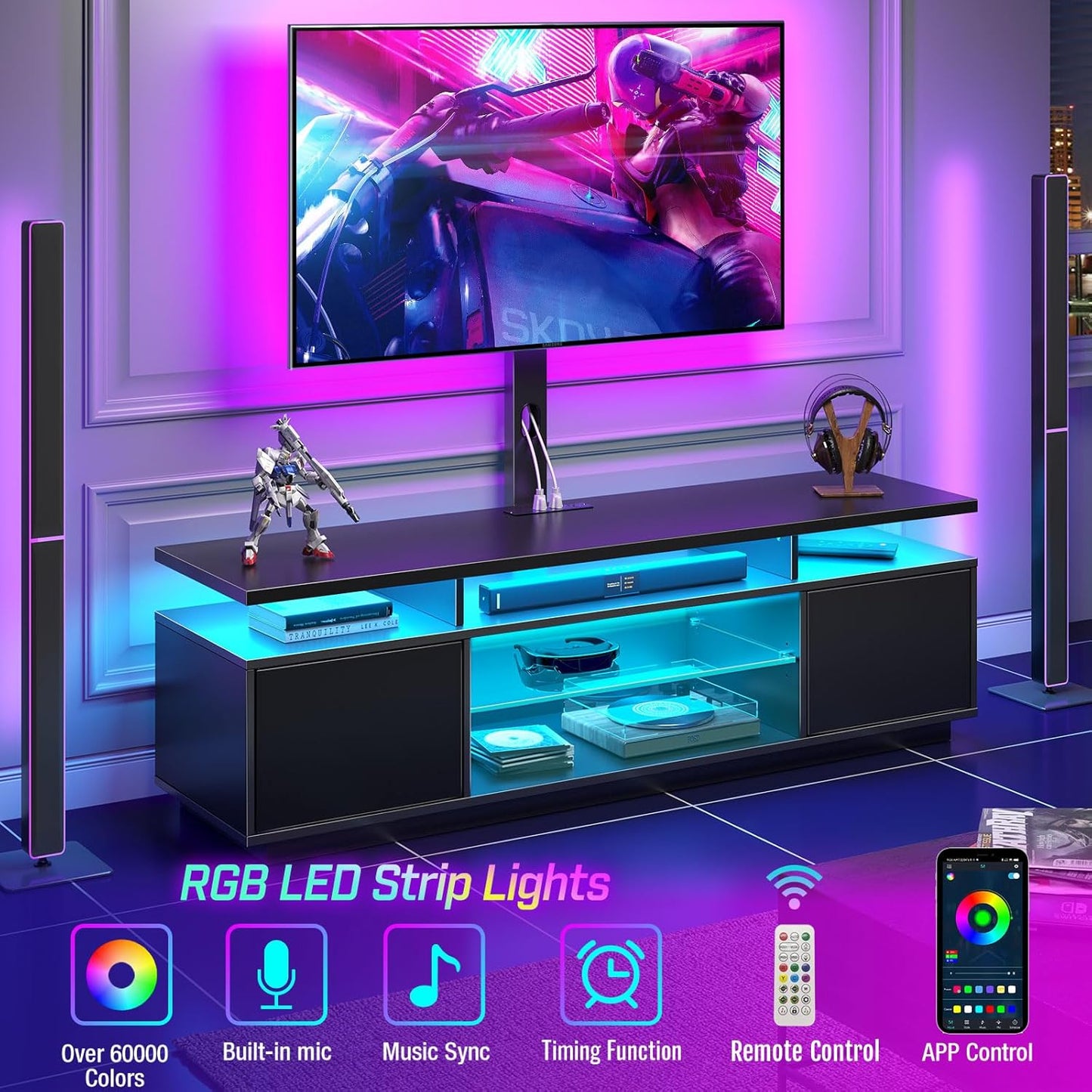 Rolanstar TV Stand with Mount and Power Outlet 51.2", Swivel TV Stand Mount for 32/45/55/60/65/70 inch TVs, Height Adjustable Modern Entertainment Center with Storage & LED Lights, TV Table Black