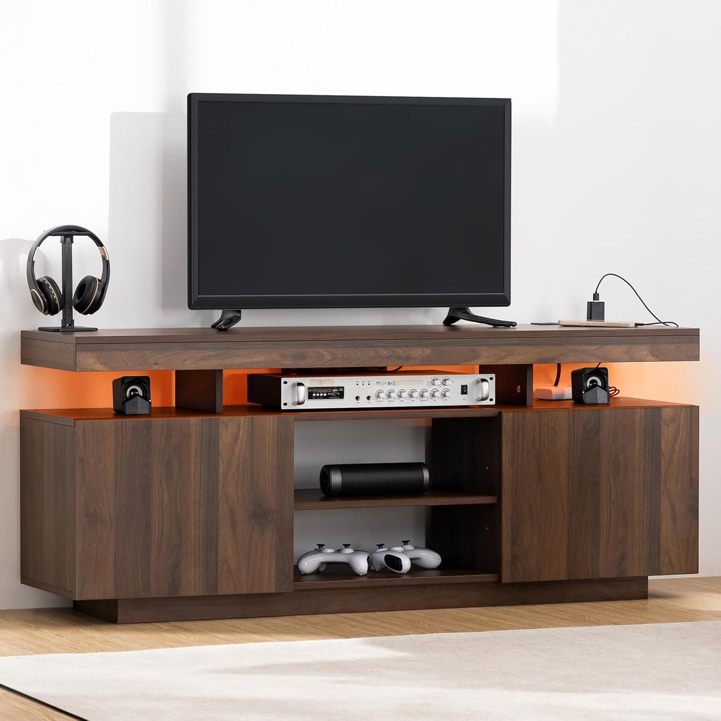 HOMMPA Modern LED TV Stand for 55/50/43/40/32 inch TVs with Power Outlets, Gaming Entertainment Center with Storage Media Table TV Consoles for Living Room, Black