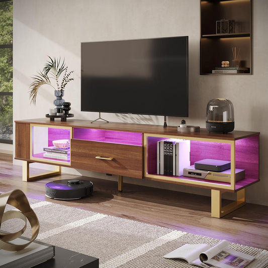 Bestier TV Stand with LED Light for TVs up to 80 Inch, Gaming Entertainment Center with Open Storage and Half-Glass Design Drawer, Modern Media Console for Living Room Bedroom, Walnut and Gold