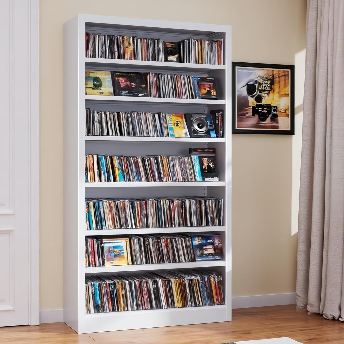 55" Media Storage Cabinet, Metal CD Storage Rack with 6 Adjustable Shelves, Large DVD Storage Shelf Rack for Living Room, Home Entertainment (Black)