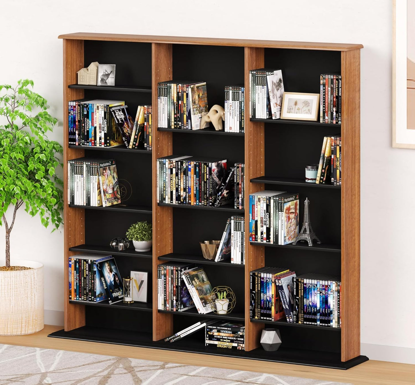 Prepac 3 Column Tall Cabinet Media Storage, Triple Width Wall, Cherry/Black