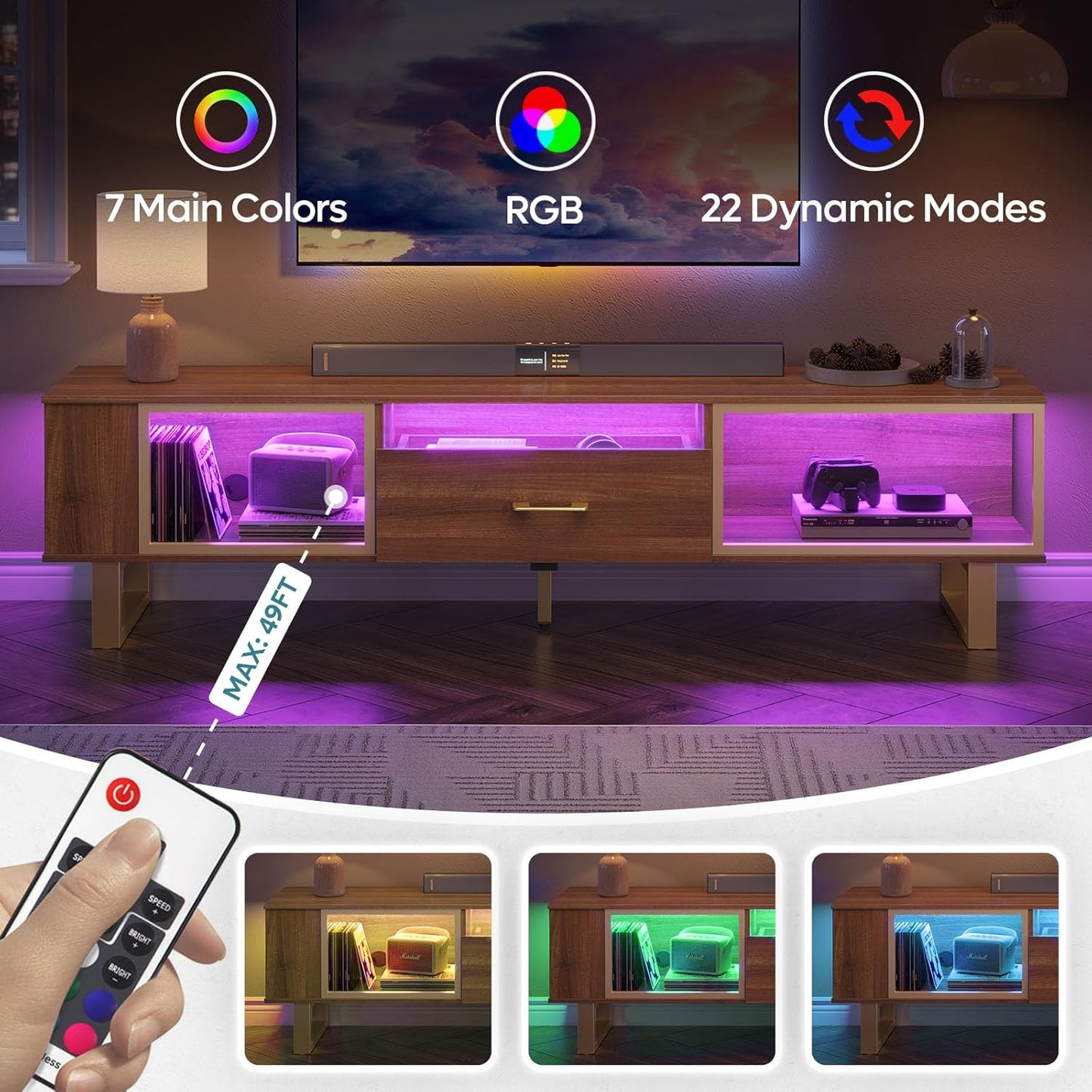 Bestier TV Stand with LED Light for TVs up to 80 Inch, Gaming Entertainment Center with Open Storage and Half-Glass Design Drawer, Modern Media Console for Living Room Bedroom, Walnut and Gold