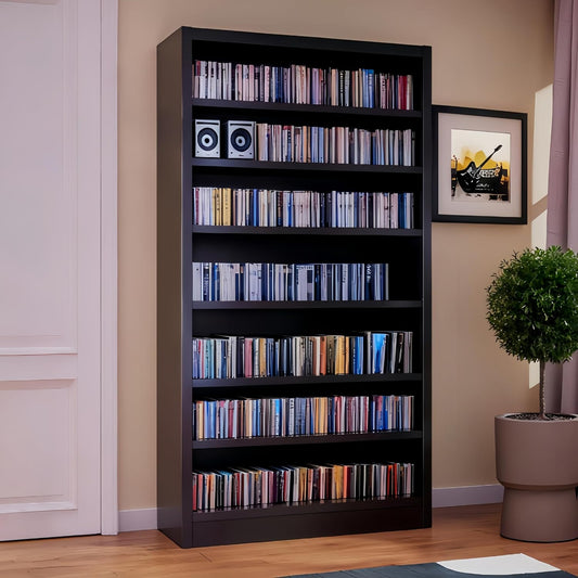 55" Media Storage Cabinet, Metal CD Storage Rack with 6 Adjustable Shelves, Large DVD Storage Shelf Rack for Living Room, Home Entertainment (Black)