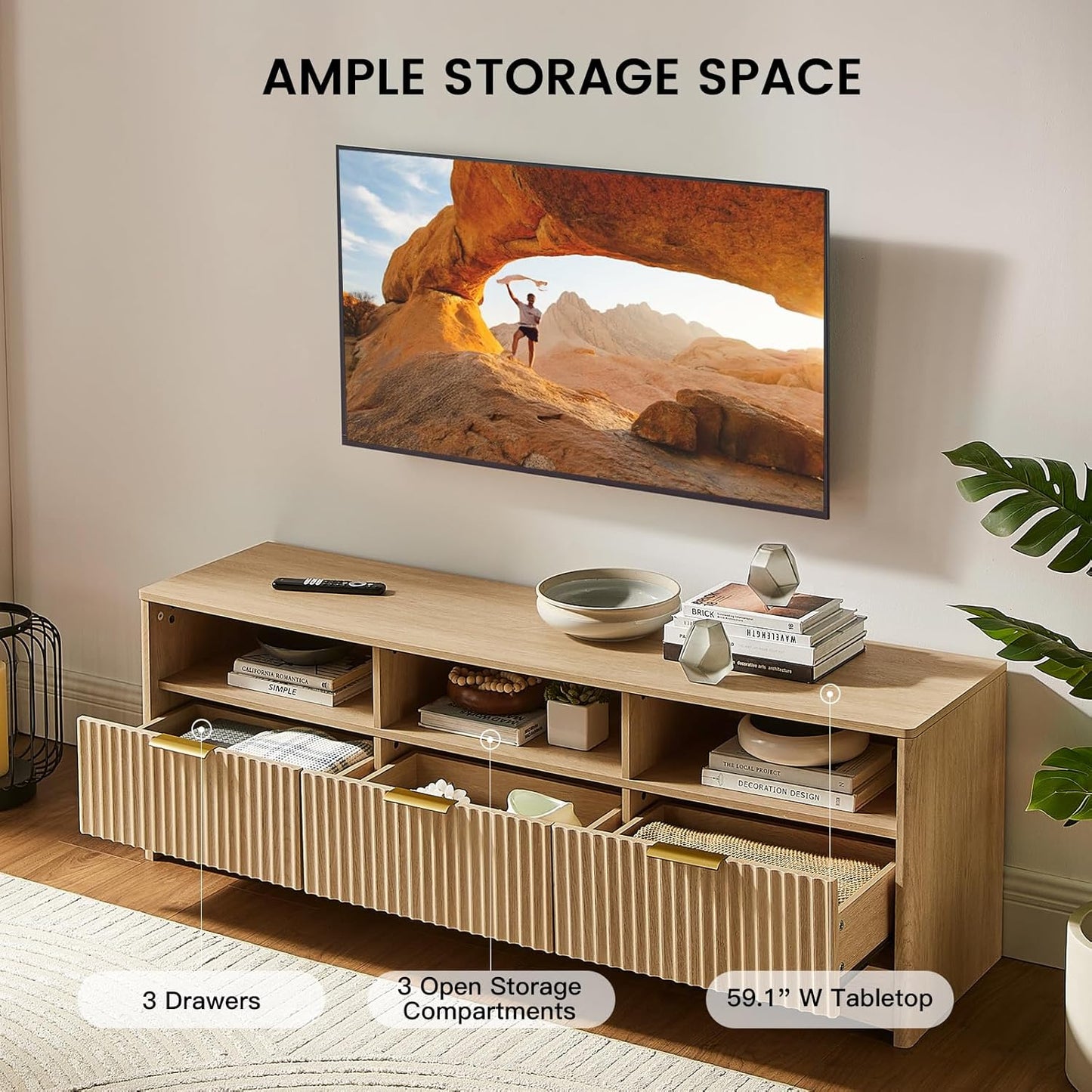 Amada TV Stand for 50-65" TV, Fluted Modern TV Stand Entertainment Center with Drawers and Open Shelf, Waveform Panel, Sleek Curved Profile Media TV Console Table for Living Room, Bedroom, Nature Oak