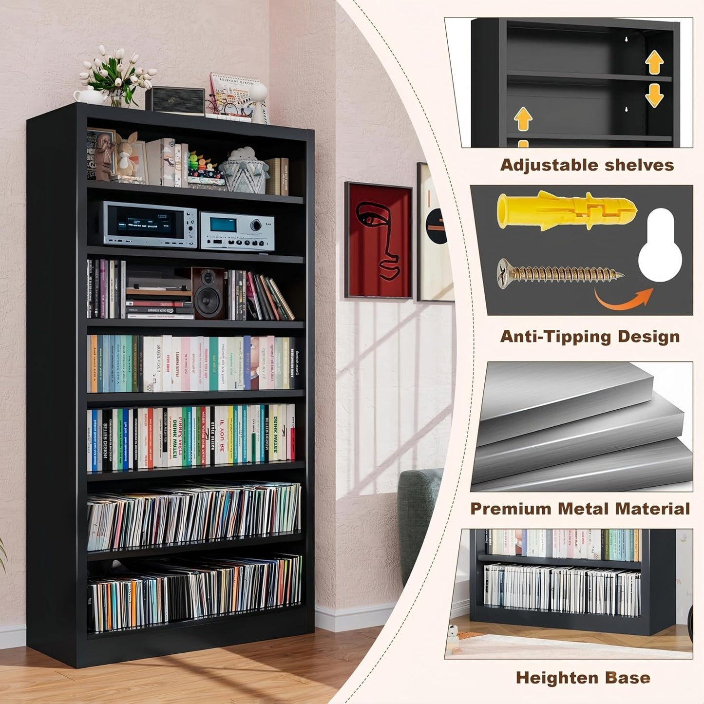 55" Media Storage Cabinet, Metal CD Storage Rack with 6 Adjustable Shelves, Large DVD Storage Shelf Rack for Living Room, Home Entertainment (Black)