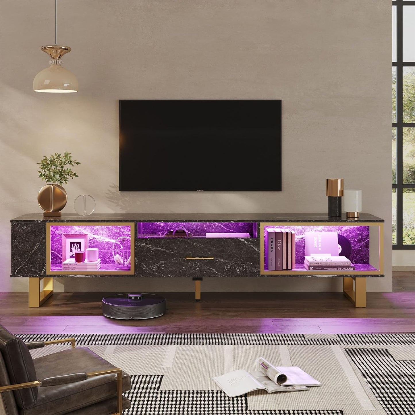 Bestier TV Stand with LED Light for TVs up to 80 Inch, Gaming Entertainment Center with Open Storage and Half-Glass Design Drawer, Modern Media Console for Living Room Bedroom, Walnut and Gold