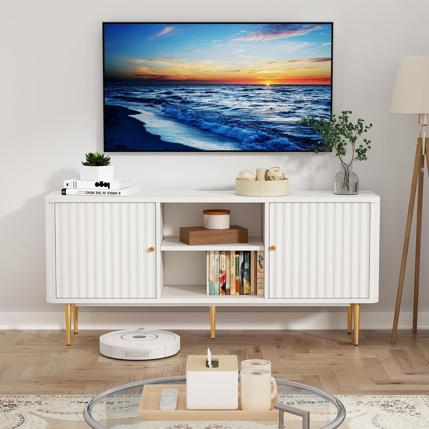 ARTPOWER 55” Fluted TV Stand, Mid Century Modern White TV Stand for 55/60/65 inch TV, Entertainment Center with Storage, Television Stands, TV Console, Media Console for Living Room, Bedroom