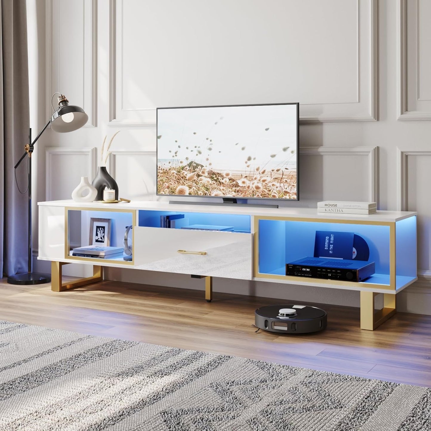 Bestier TV Stand with LED Light for TVs up to 80 Inch, Gaming Entertainment Center with Open Storage and Half-Glass Design Drawer, Modern Media Console for Living Room Bedroom, Walnut and Gold
