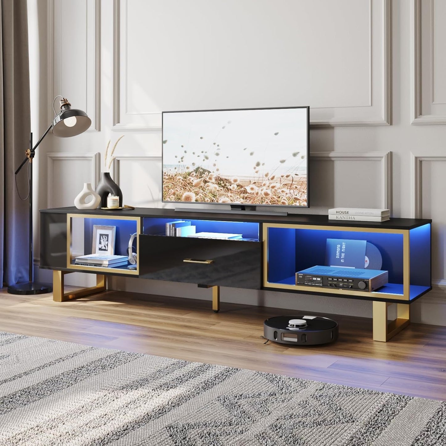 Bestier TV Stand with LED Light for TVs up to 80 Inch, Gaming Entertainment Center with Open Storage and Half-Glass Design Drawer, Modern Media Console for Living Room Bedroom, Walnut and Gold