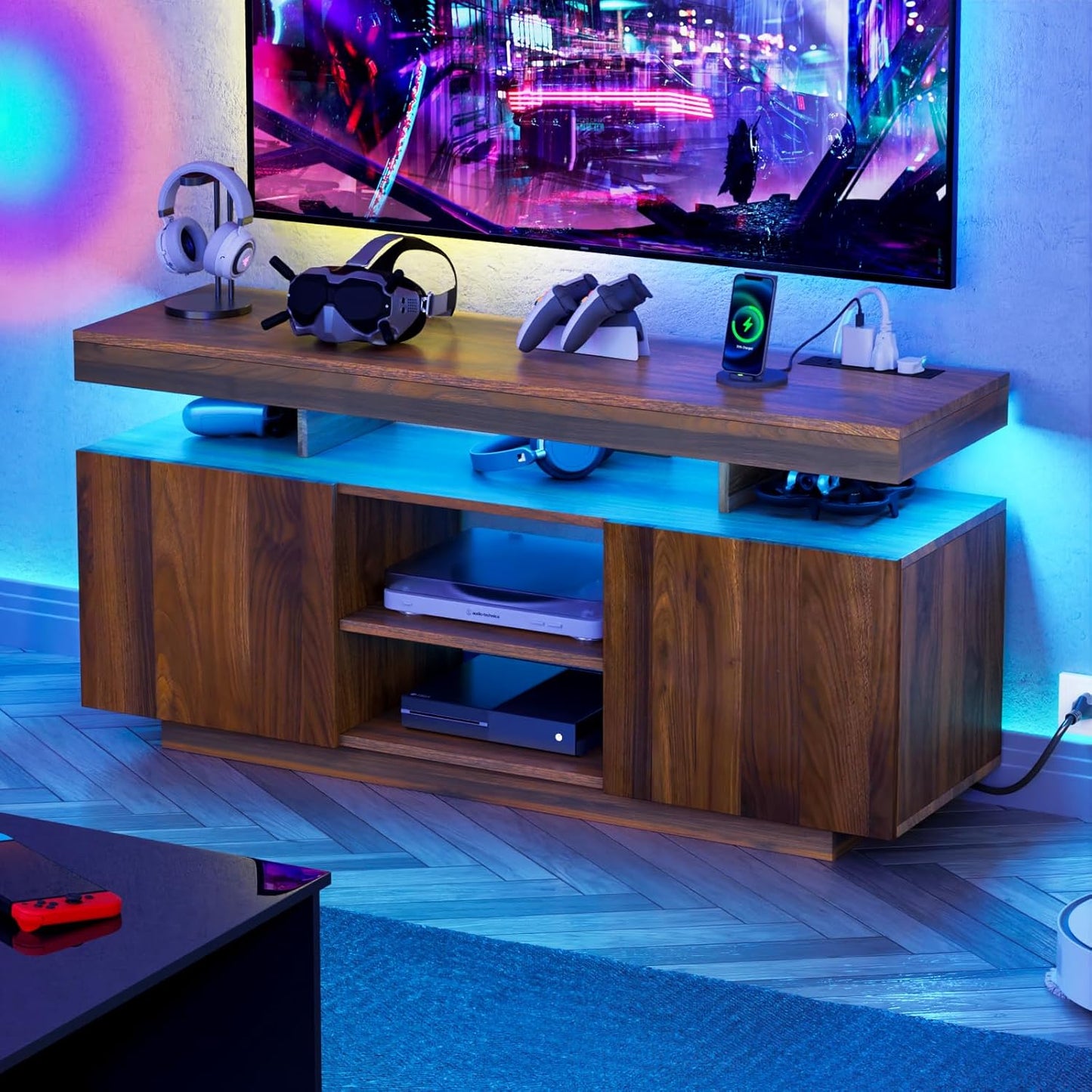 HOMMPA Modern LED TV Stand for 55/50/43/40/32 inch TVs with Power Outlets, Gaming Entertainment Center with Storage Media Table TV Consoles for Living Room, Black