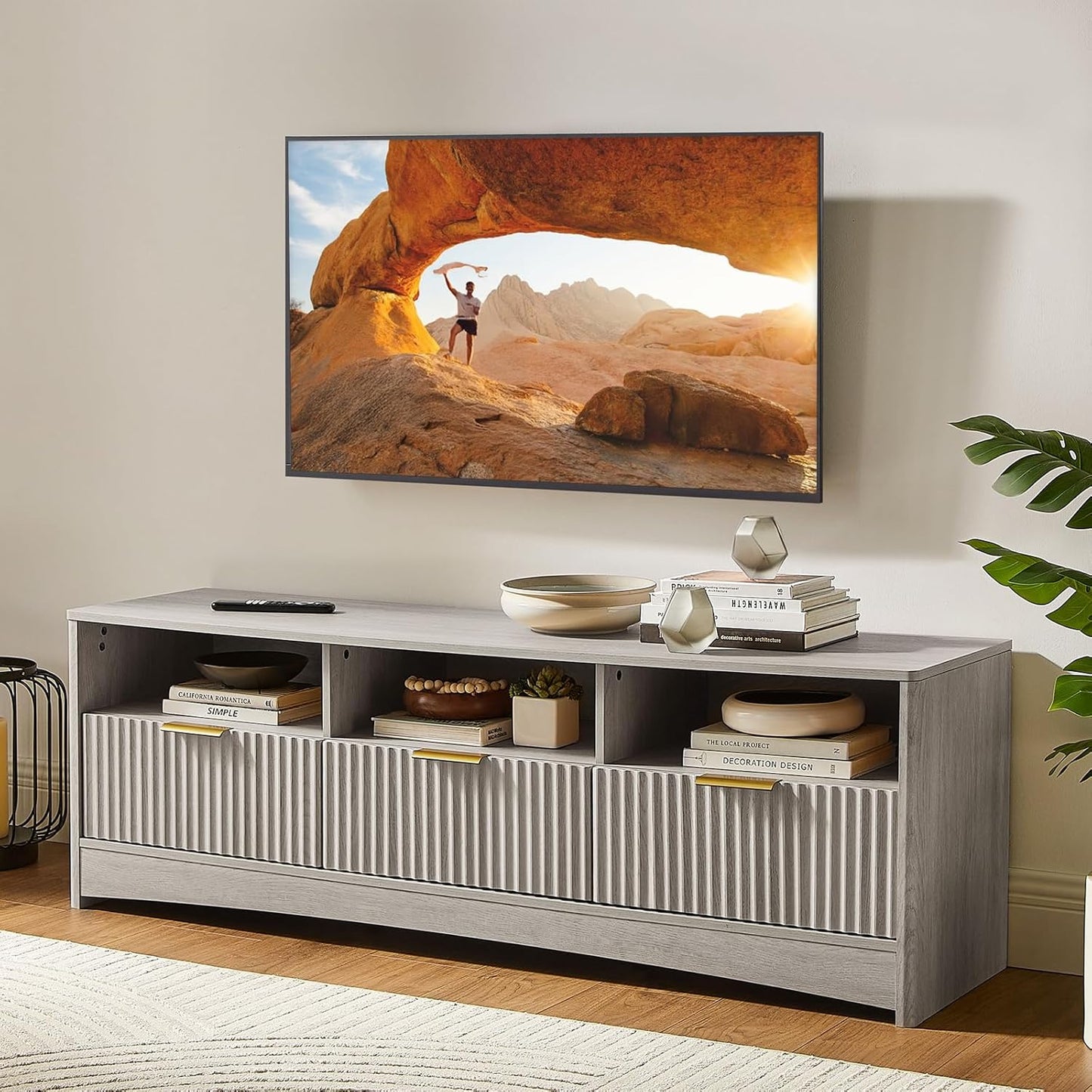Amada TV Stand for 50-65" TV, Fluted Modern TV Stand Entertainment Center with Drawers and Open Shelf, Waveform Panel, Sleek Curved Profile Media TV Console Table for Living Room, Bedroom, Nature Oak