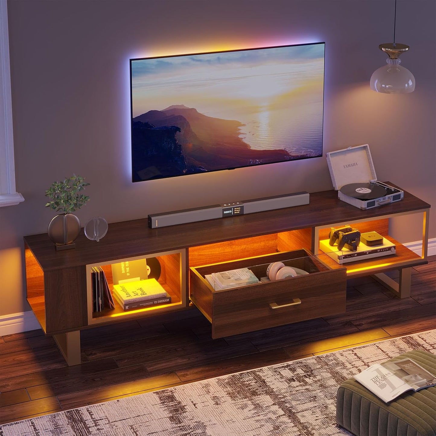 Bestier TV Stand with LED Light for TVs up to 80 Inch, Gaming Entertainment Center with Open Storage and Half-Glass Design Drawer, Modern Media Console for Living Room Bedroom, Walnut and Gold