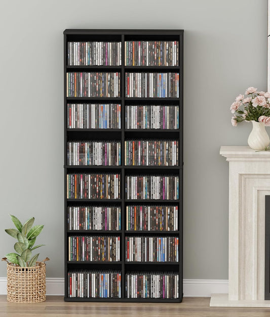 DVD Rack Tower, 16-Shelf DVD Storage Racks with Adjustable Shelves 8-Tier Multimedia Storage Tower for Living Room Home Office