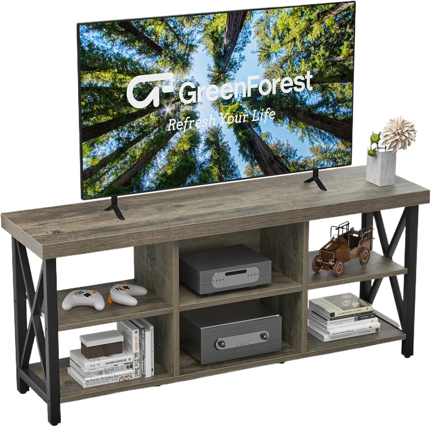 GreenForest TV Stand for TV up to 65 inches, Entertainment Center with 6 Storage Cabinet for Living Room, 55 inch Farmhouse Television Stands Console Table, TV Stands for Living Room, Walnut