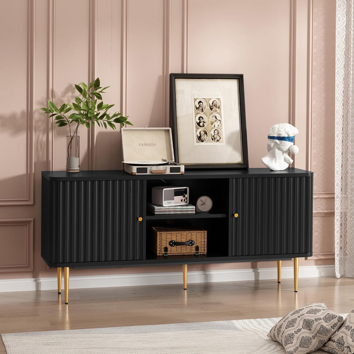 ARTPOWER 55” Fluted TV Stand, Mid Century Modern White TV Stand for 55/60/65 inch TV, Entertainment Center with Storage, Television Stands, TV Console, Media Console for Living Room, Bedroom