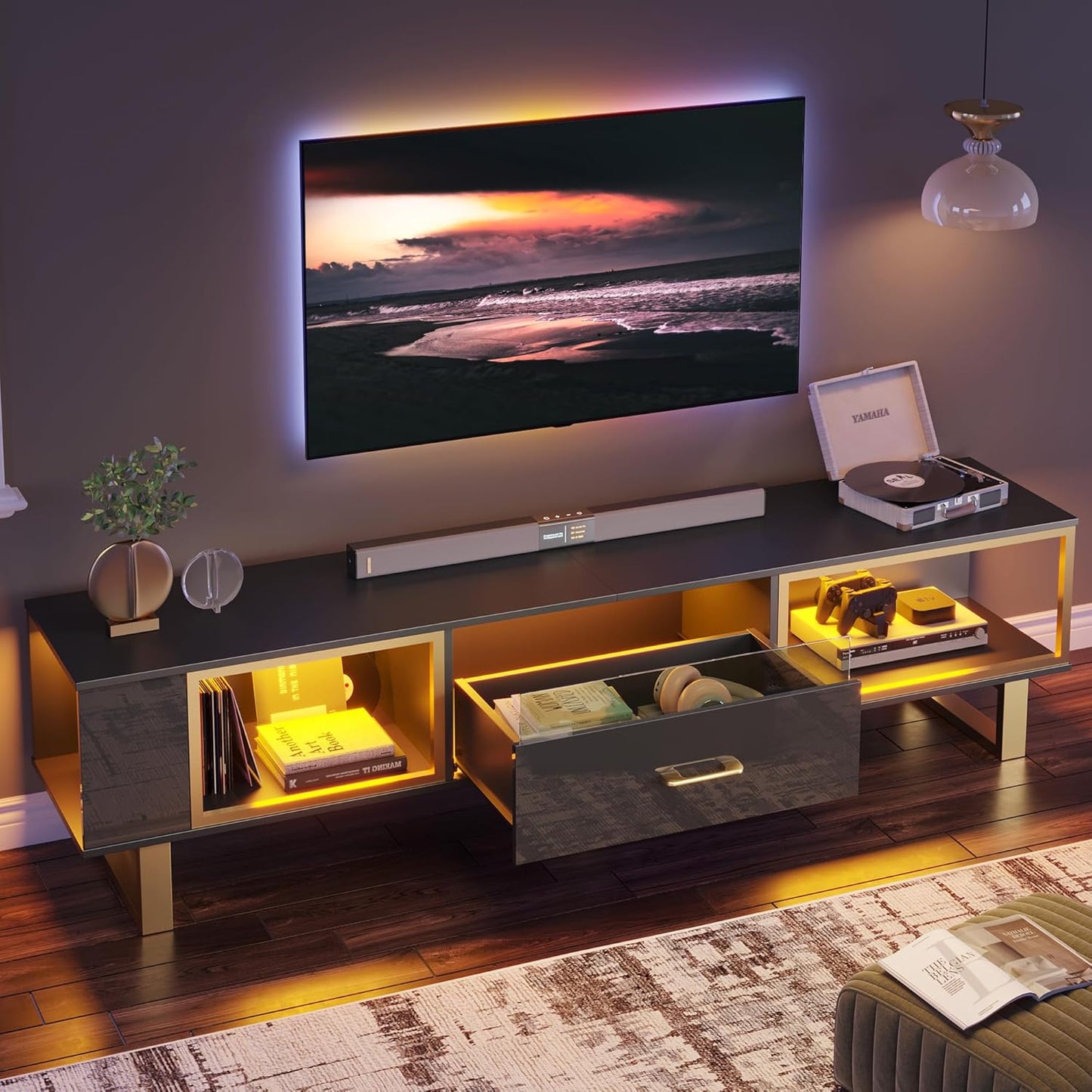 Bestier TV Stand for 75 Inch TV, LED Gaming Entertainment Center with Open Storage & Half-Glass Design Drawer, Modern High Glossy TV Cabinet for Living Room Bedroom, Black and Gold