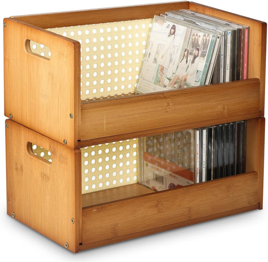 2 Set Bamboo CD Storage Box, Stackable CD Holder Racks Organizer Shelf for Movie Cases, DVDs, Cassette Tape Display Stand, Disc Holder with Carrying Handles