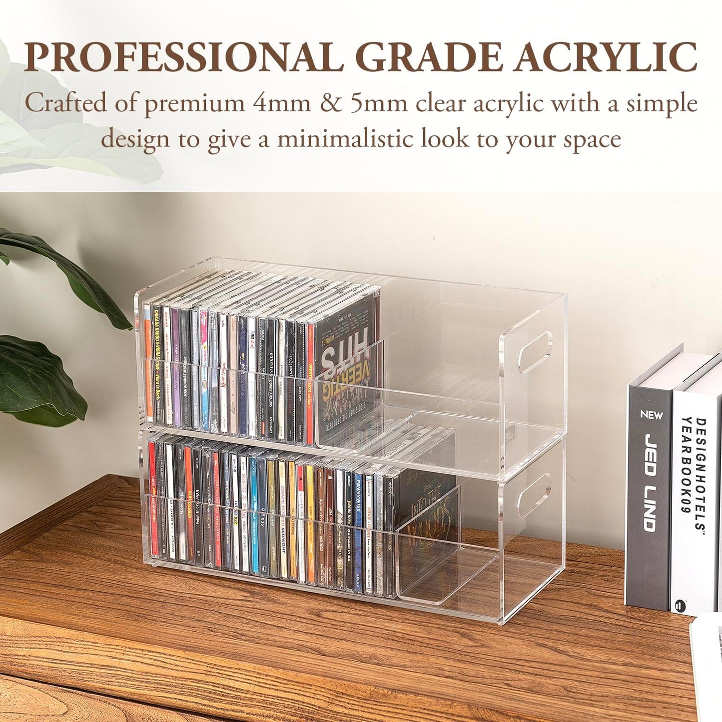 MyGift Modern Premium Clear Acrylic Stackable CD Holder Racks with Cutout Carrying Handles, Compact Disc Jewel Case Display Crates, Media Storage Organizers, Set of 2