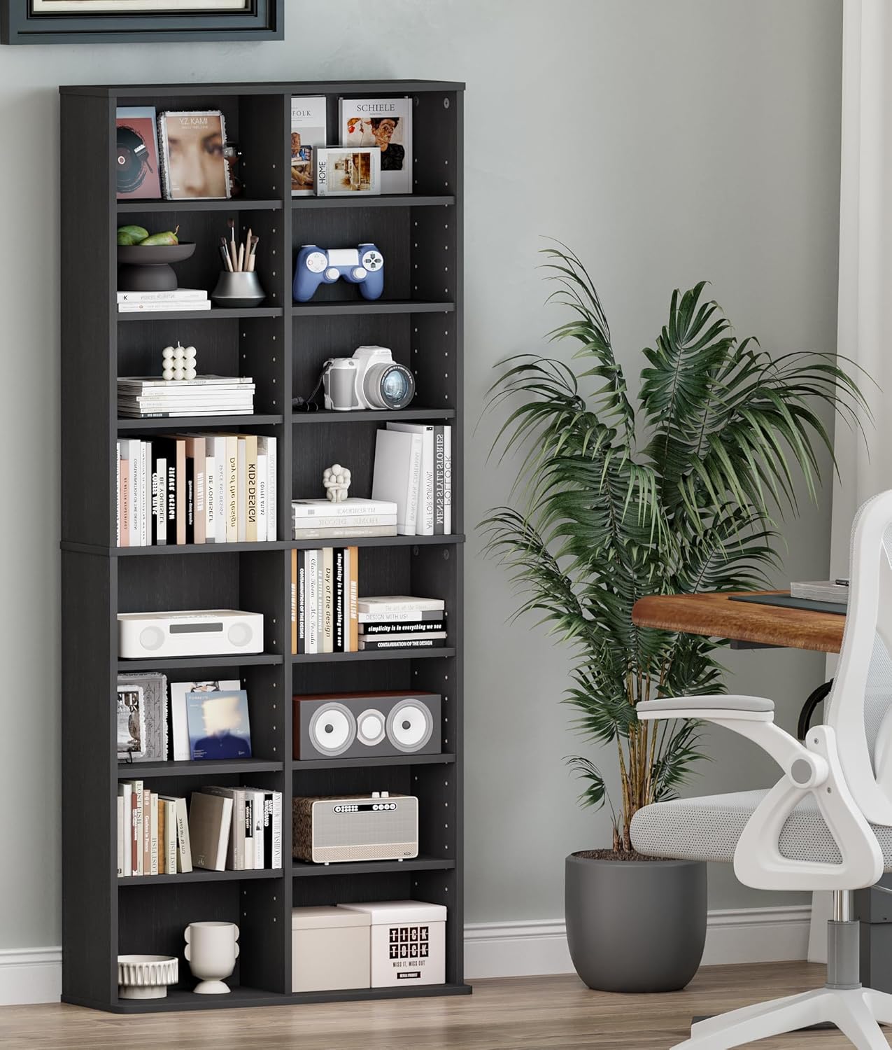DVD Rack Tower, 16-Shelf DVD Storage Racks with Adjustable Shelves 8-Tier Multimedia Storage Tower for Living Room Home Office