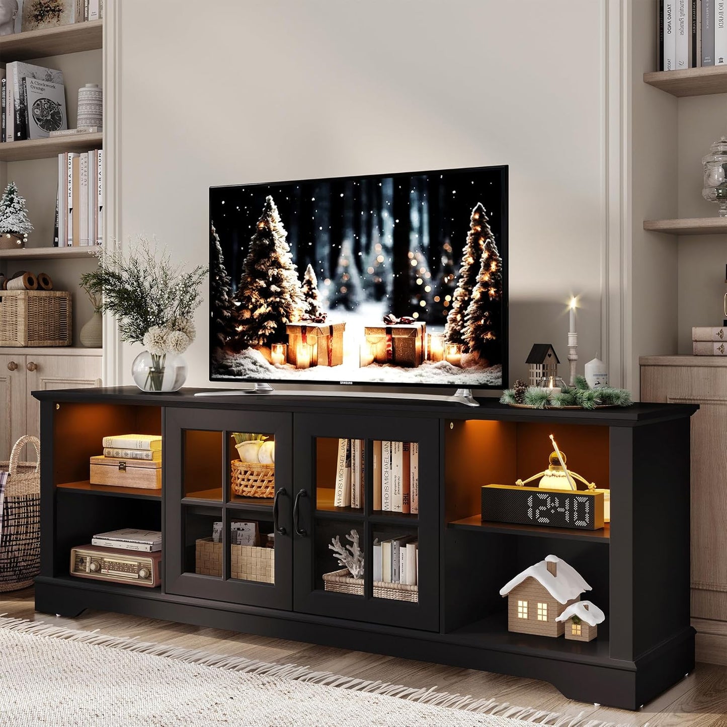 LINSY HOME TV Stand for 65 Inch TV, 32" Tall Entertainment Center with LED Lights and Glass Door Storage Cabinet, Modern Farmhouse TV Media Console Table for Living Room, Black