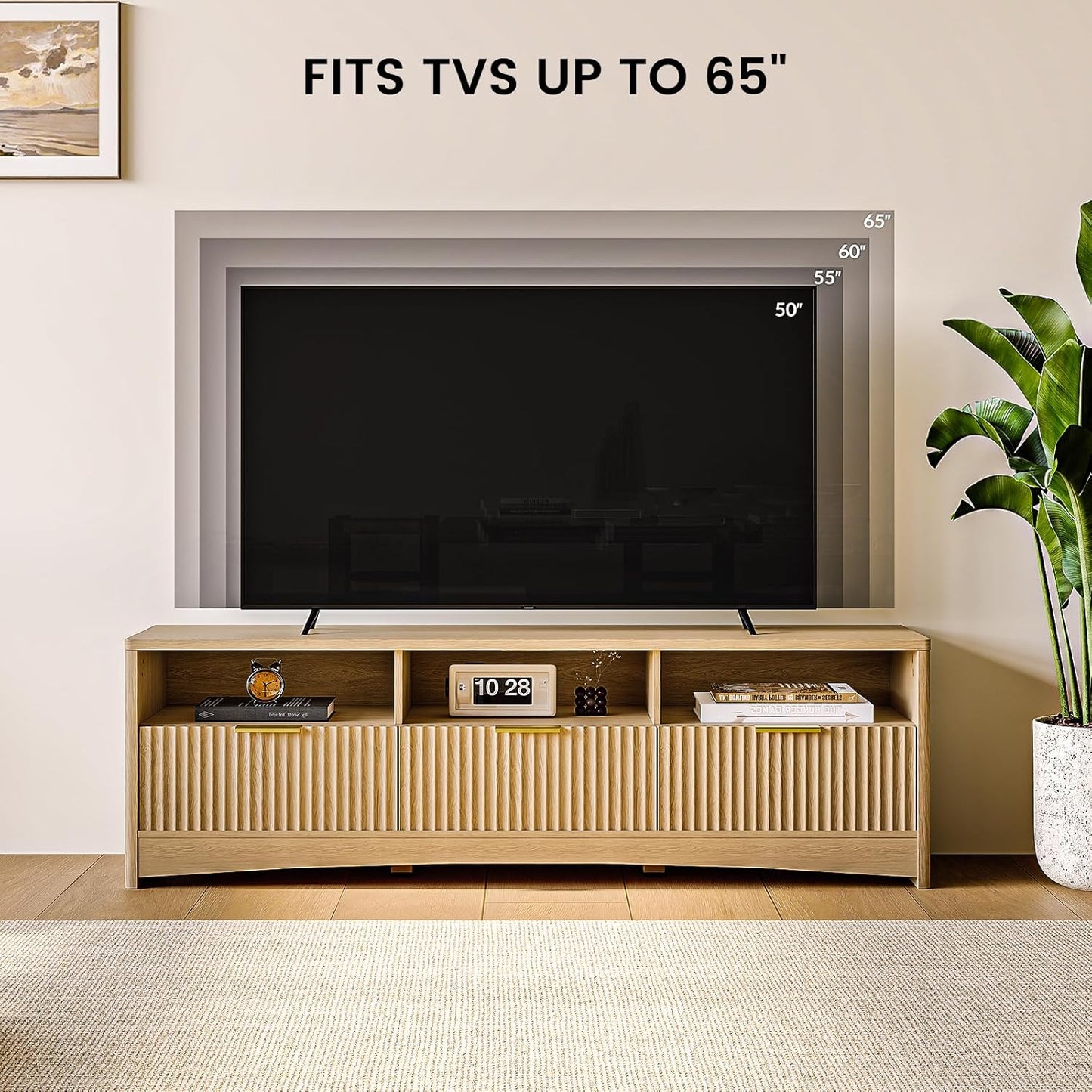 Amada TV Stand for 50-65" TV, Fluted Modern TV Stand Entertainment Center with Drawers and Open Shelf, Waveform Panel, Sleek Curved Profile Media TV Console Table for Living Room, Bedroom, Nature Oak