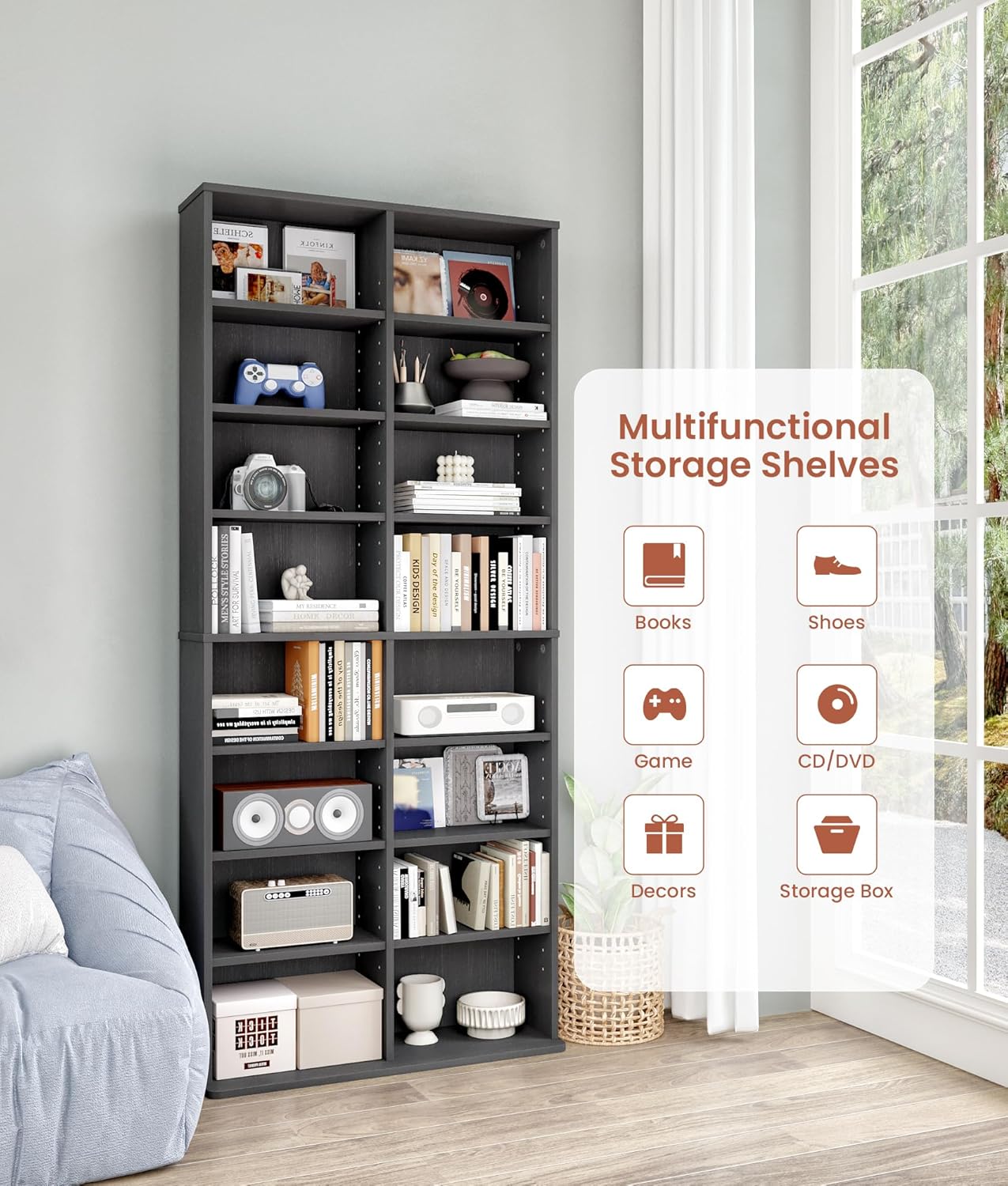 DVD Rack Tower, 16-Shelf DVD Storage Racks with Adjustable Shelves 8-Tier Multimedia Storage Tower for Living Room Home Office