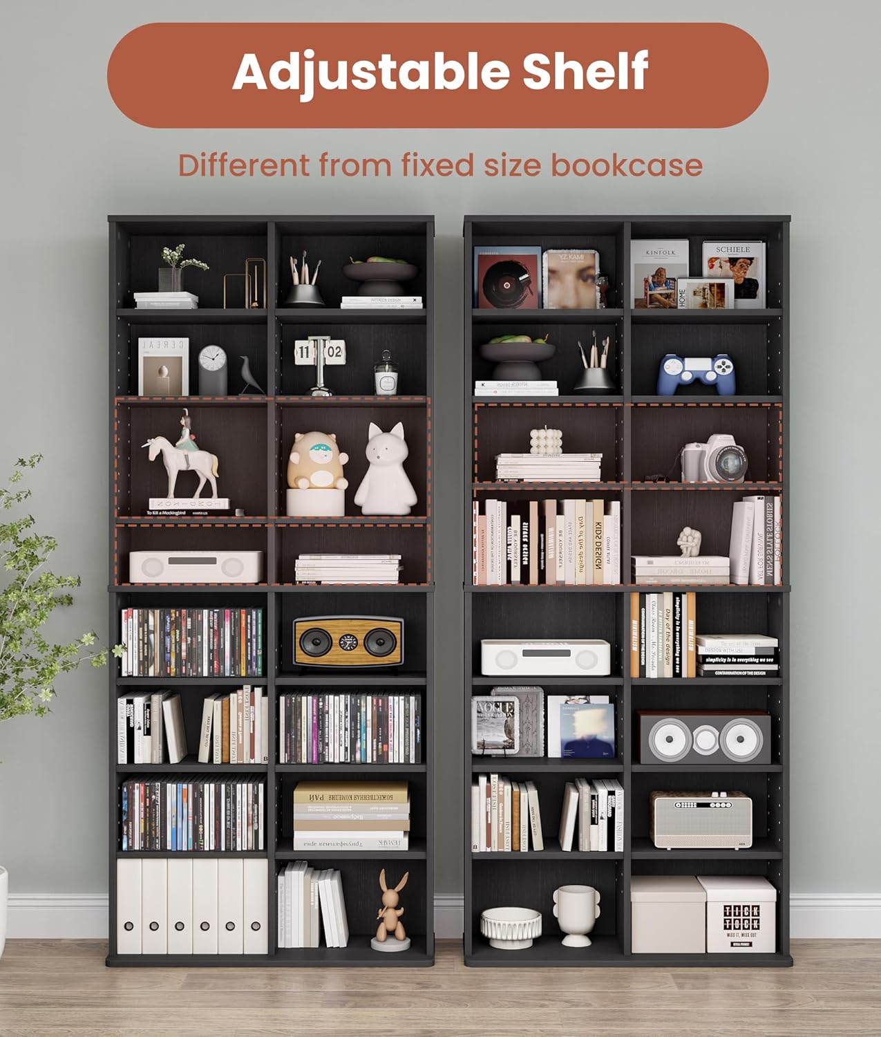 DVD Rack Tower, 16-Shelf DVD Storage Racks with Adjustable Shelves 8-Tier Multimedia Storage Tower for Living Room Home Office
