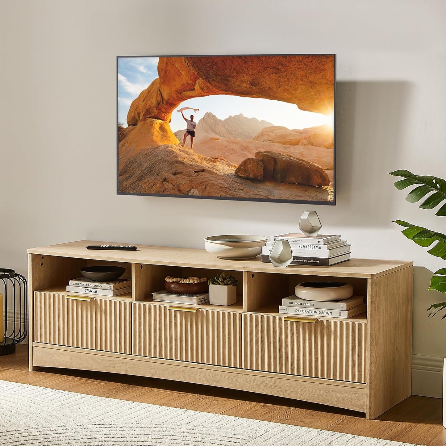 Amada TV Stand for 50-65" TV, Fluted Modern TV Stand Entertainment Center with Drawers and Open Shelf, Waveform Panel, Sleek Curved Profile Media TV Console Table for Living Room, Bedroom, Nature Oak