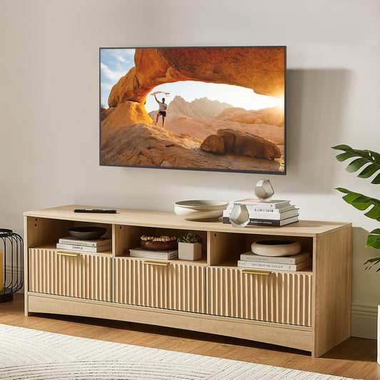 Amada TV Stand for 50-65" TV, Fluted Modern TV Stand Entertainment Center with Drawers and Open Shelf, Waveform Panel, Sleek Curved Profile Media TV Console Table for Living Room, Bedroom, Nature Oak