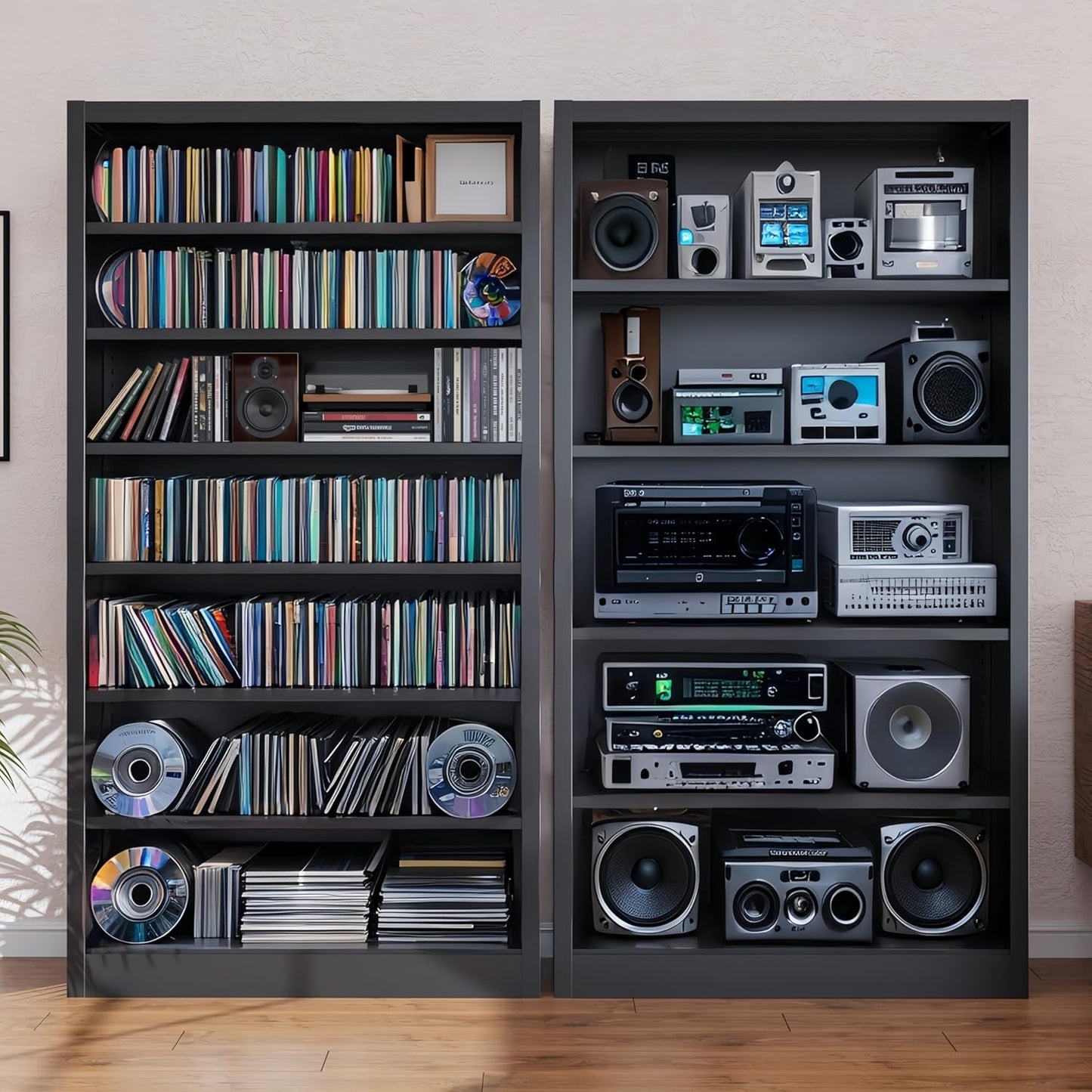 55" Media Storage Cabinet, Metal CD Storage Rack with 6 Adjustable Shelves, Large DVD Storage Shelf Rack for Living Room, Home Entertainment (Black)